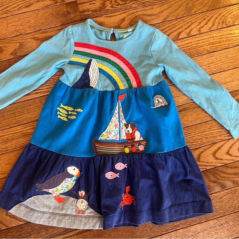Mini Boden Tiered Ocean Appliqué Dress 2-3Y